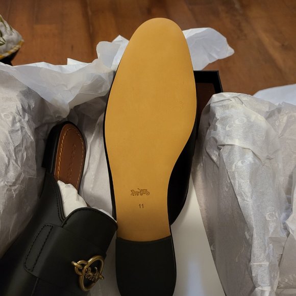 COACH Scotty Leather Slides / Mules in Black with Gold Coach Emblem - Picture 3 of 4